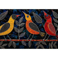 Vibrant modern mosaic bird wall art with colorful stained glass style design on dark blue textured background for luxury contemporary interiors