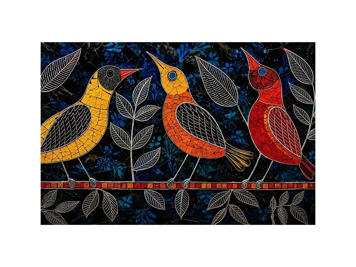 Vibrant modern mosaic bird wall art with colorful stained glass style design on dark blue textured background for luxury contemporary interiors
