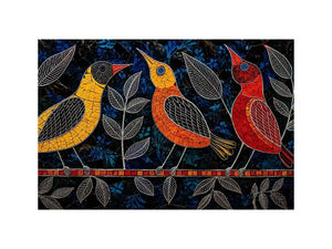 Vibrant modern mosaic bird wall art with colorful stained glass style design on dark blue textured background for luxury contemporary interiors