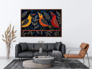 Vibrant modern mosaic bird wall art with colorful stained glass style design on dark blue textured background for luxury contemporary interiors