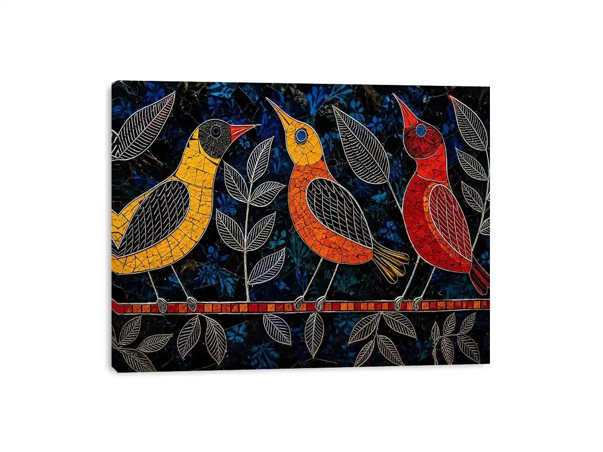 Vibrant modern mosaic bird wall art with colorful stained glass style design on dark blue textured background for luxury contemporary interiors