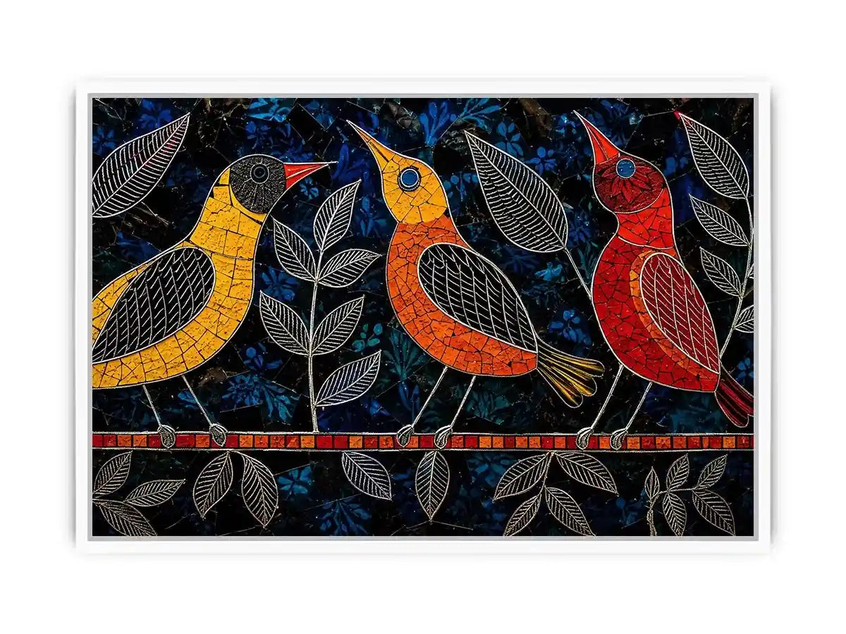 Vibrant modern mosaic bird wall art with colorful stained glass style design on dark blue textured background for luxury contemporary interiors