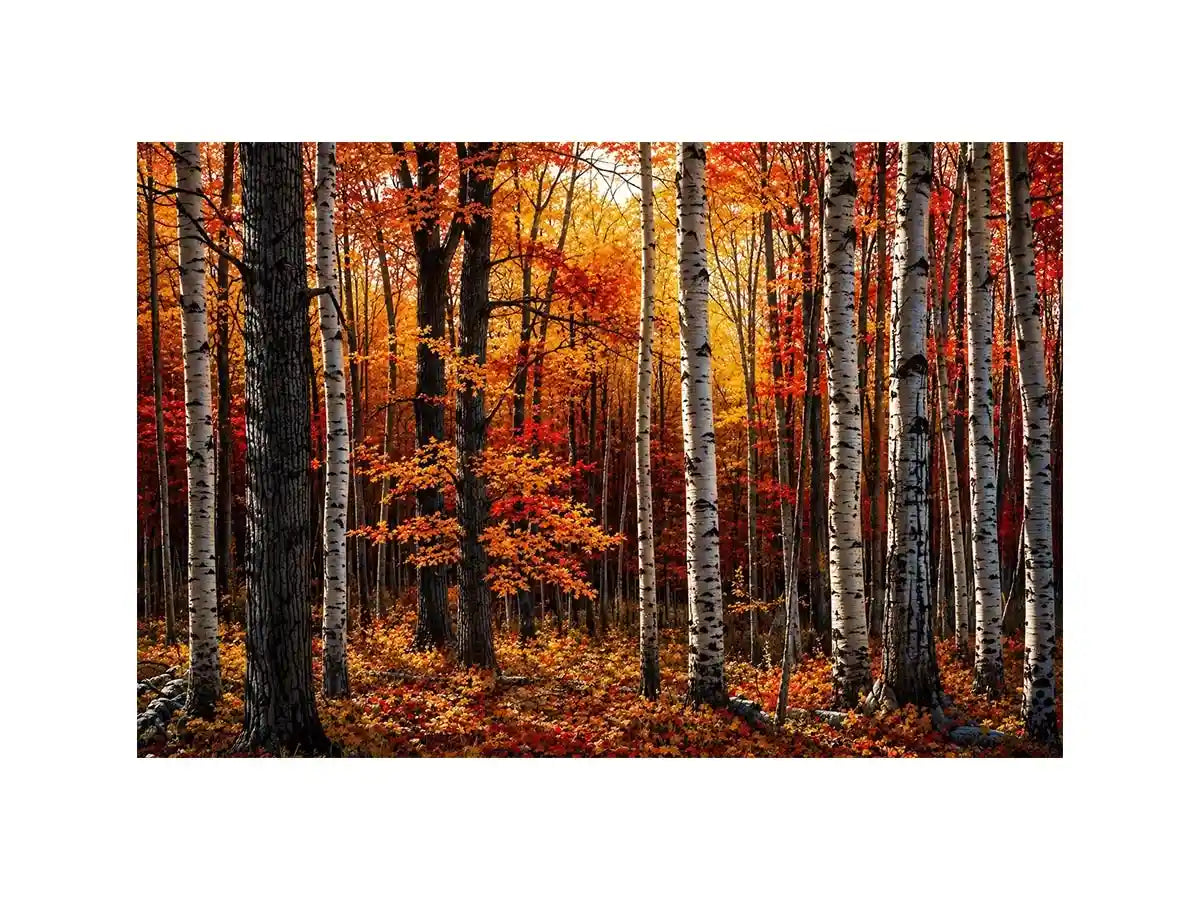 Luxury autumn forest wall art with white birch trees and vibrant orange fall foliage in a modern contemporary landscape canvas style