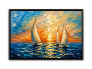 Luxury coastal sailboat wall art with white sailing boats on blue ocean water and glowing pastel sunset sky in modern impressionist style