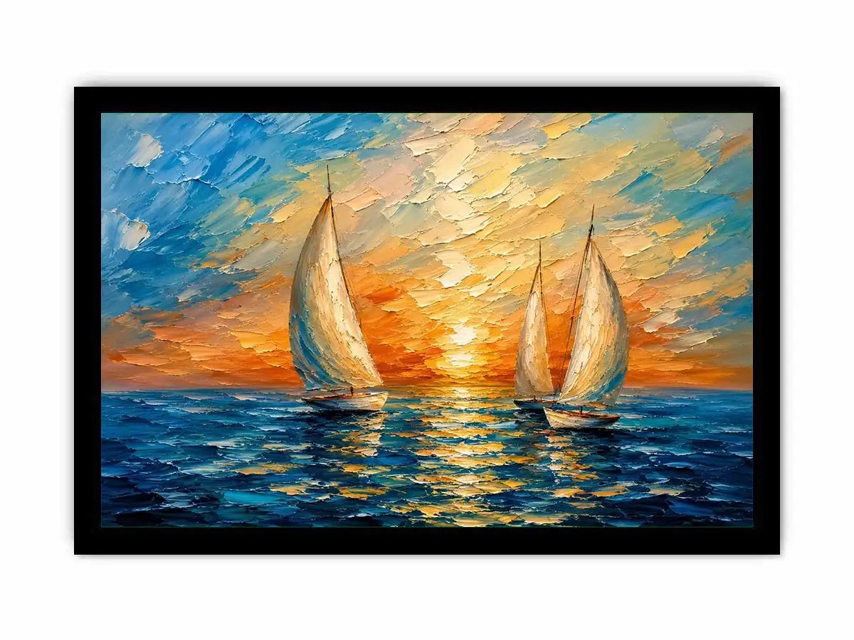 Luxury coastal sailboat wall art with white sailing boats on blue ocean water and glowing pastel sunset sky in modern impressionist style