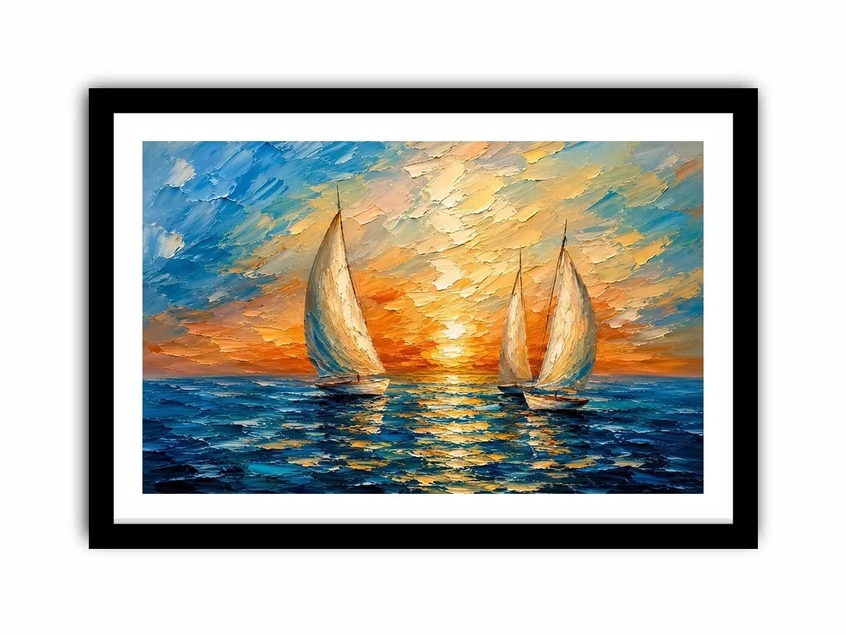 Luxury coastal sailboat wall art with white sailing boats on blue ocean water and glowing pastel sunset sky in modern impressionist style