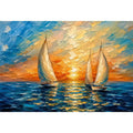 Luxury coastal sailboat wall art with white sailing boats on blue ocean water and glowing pastel sunset sky in modern impressionist style