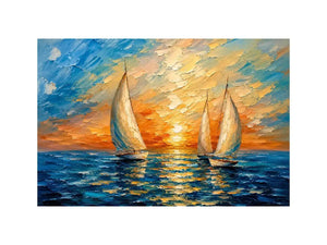 Luxury coastal sailboat wall art with white sailing boats on blue ocean water and glowing pastel sunset sky in modern impressionist style