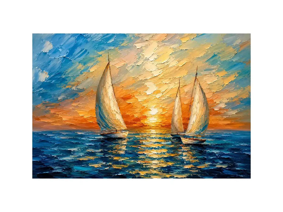Luxury coastal sailboat wall art with white sailing boats on blue ocean water and glowing pastel sunset sky in modern impressionist style