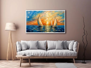 Luxury coastal sailboat wall art with white sailing boats on blue ocean water and glowing pastel sunset sky in modern impressionist style
