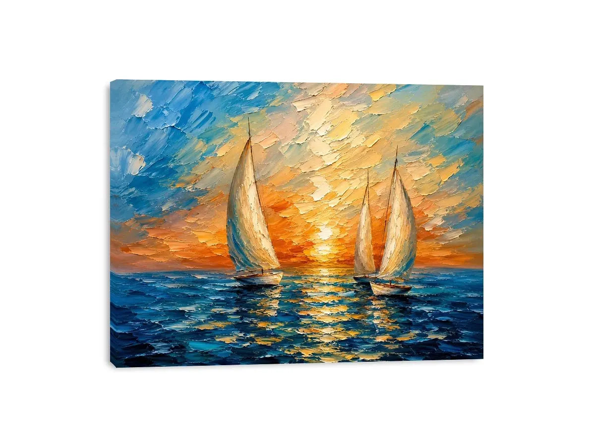 Luxury coastal sailboat wall art with white sailing boats on blue ocean water and glowing pastel sunset sky in modern impressionist style