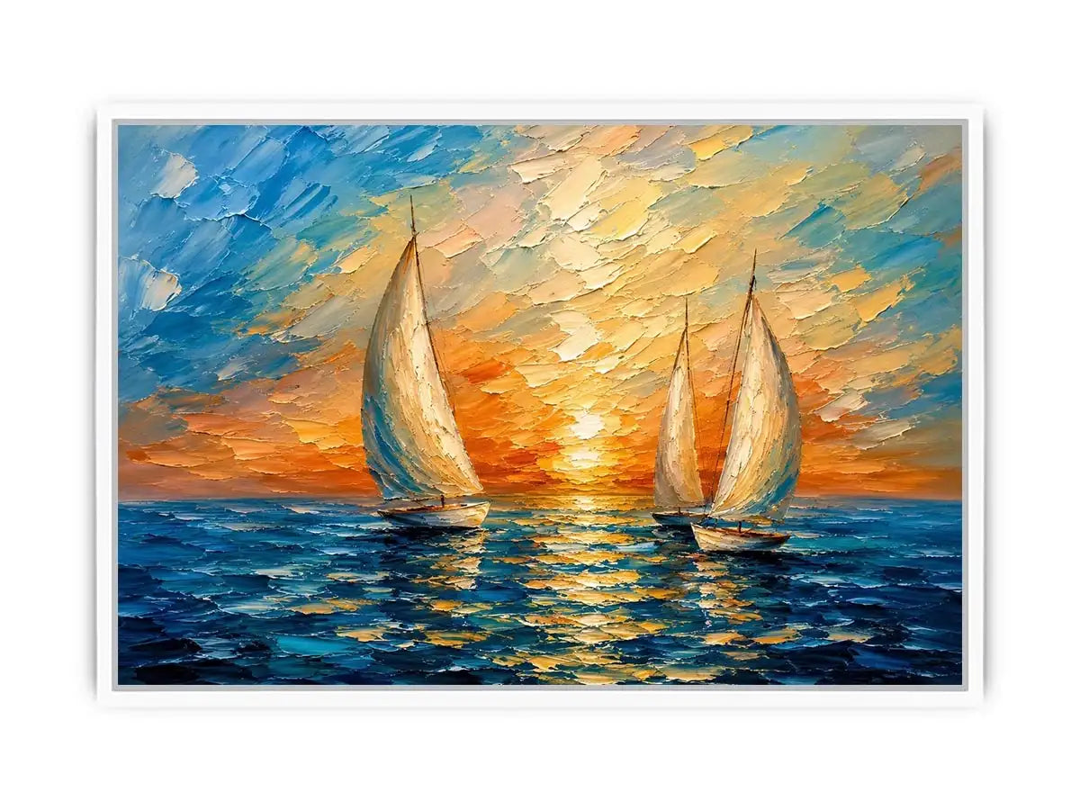 Luxury coastal sailboat wall art with white sailing boats on blue ocean water and glowing pastel sunset sky in modern impressionist style