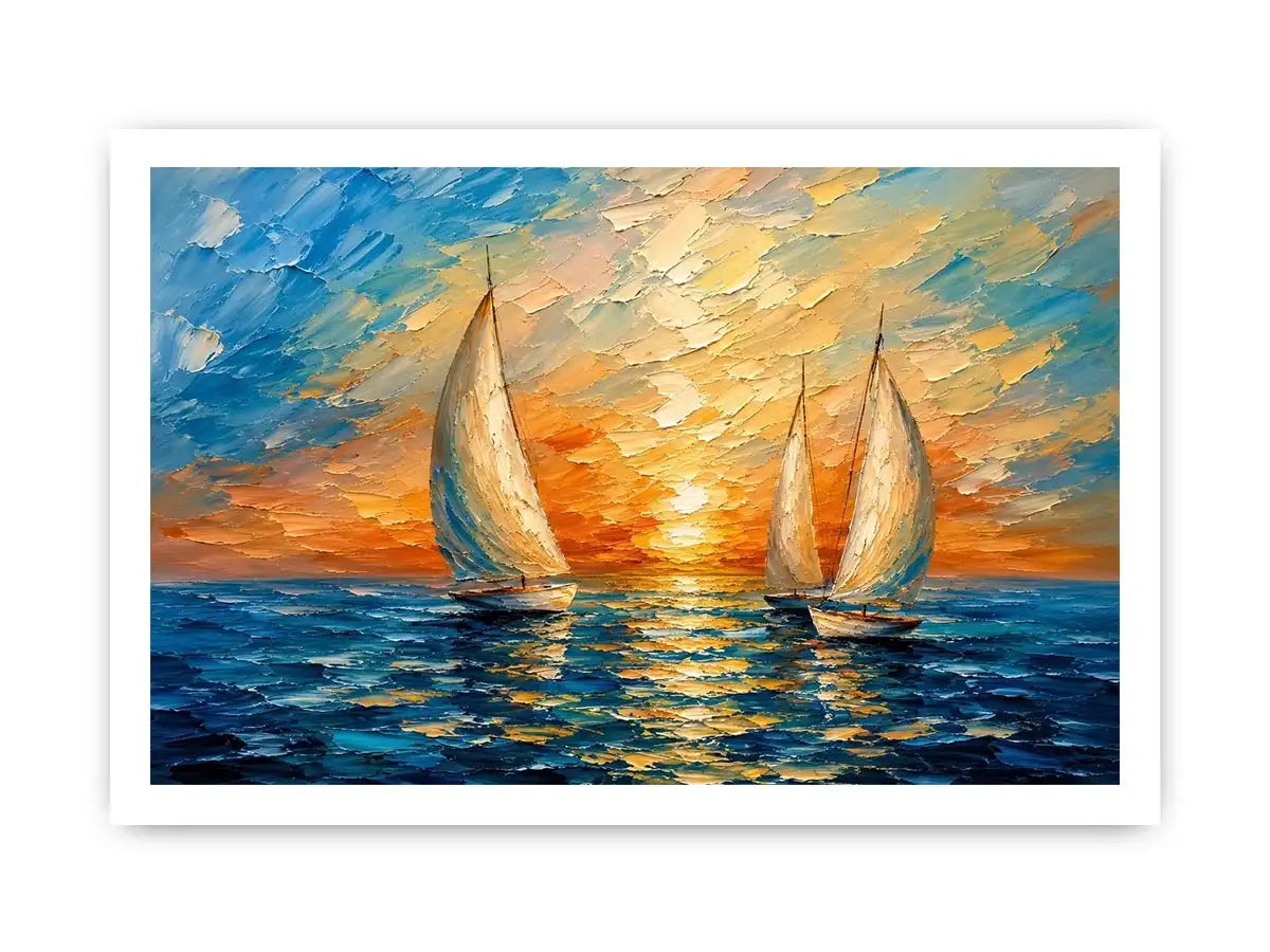 Luxury coastal sailboat wall art with white sailing boats on blue ocean water and glowing pastel sunset sky in modern impressionist style
