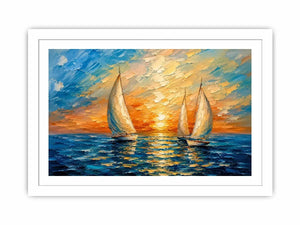 Luxury coastal sailboat wall art with white sailing boats on blue ocean water and glowing pastel sunset sky in modern impressionist style