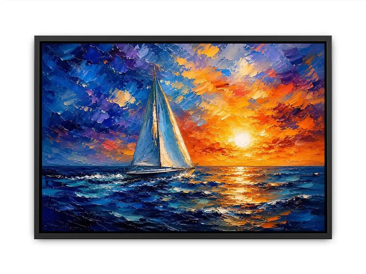 Luxury abstract sailboat wall art with vibrant blue ocean waves and glowing sunset sky in modern coastal impressionist painting style