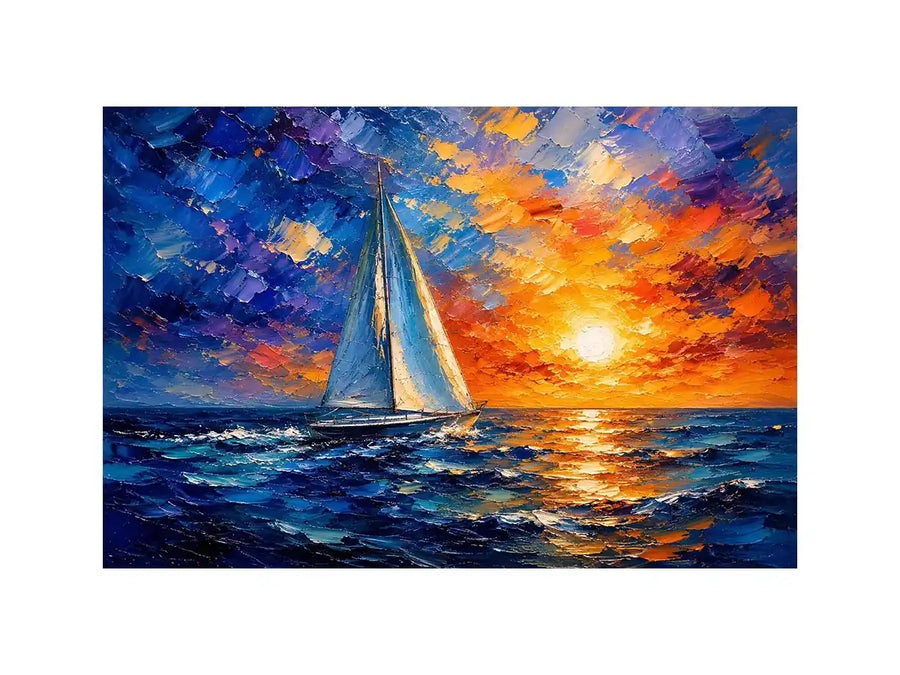 Luxury abstract sailboat wall art with vibrant blue ocean waves and glowing sunset sky in modern coastal impressionist painting style