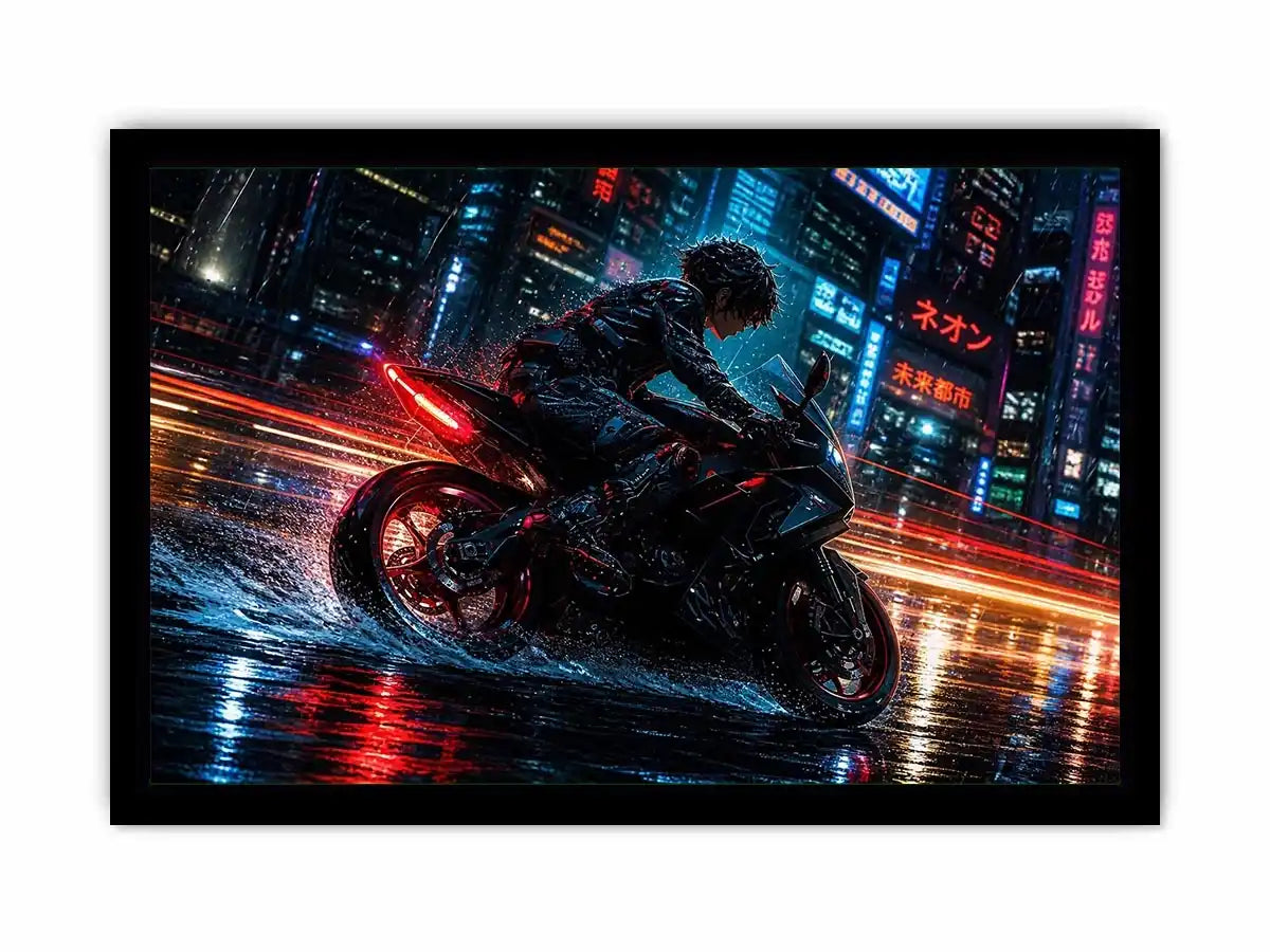 Cyberpunk rider on a futuristic motorcycle with neon city lights and rain reflections