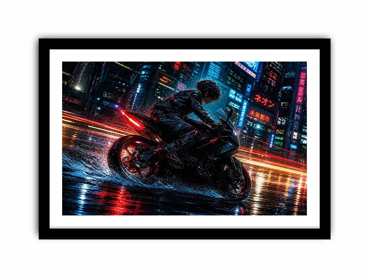 Cyberpunk rider on a futuristic motorcycle with neon city lights and rain reflections