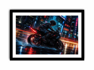 Cyberpunk rider on a futuristic motorcycle with neon city lights and rain reflections