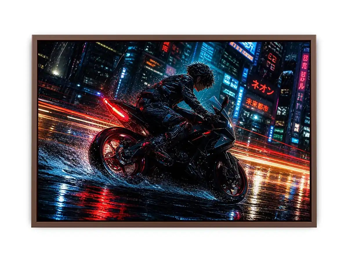 Cyberpunk rider on a futuristic motorcycle with neon city lights and rain reflections