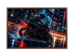 Cyberpunk rider on a futuristic motorcycle with neon city lights and rain reflections