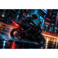 Cyberpunk rider on a futuristic motorcycle with neon city lights and rain reflections