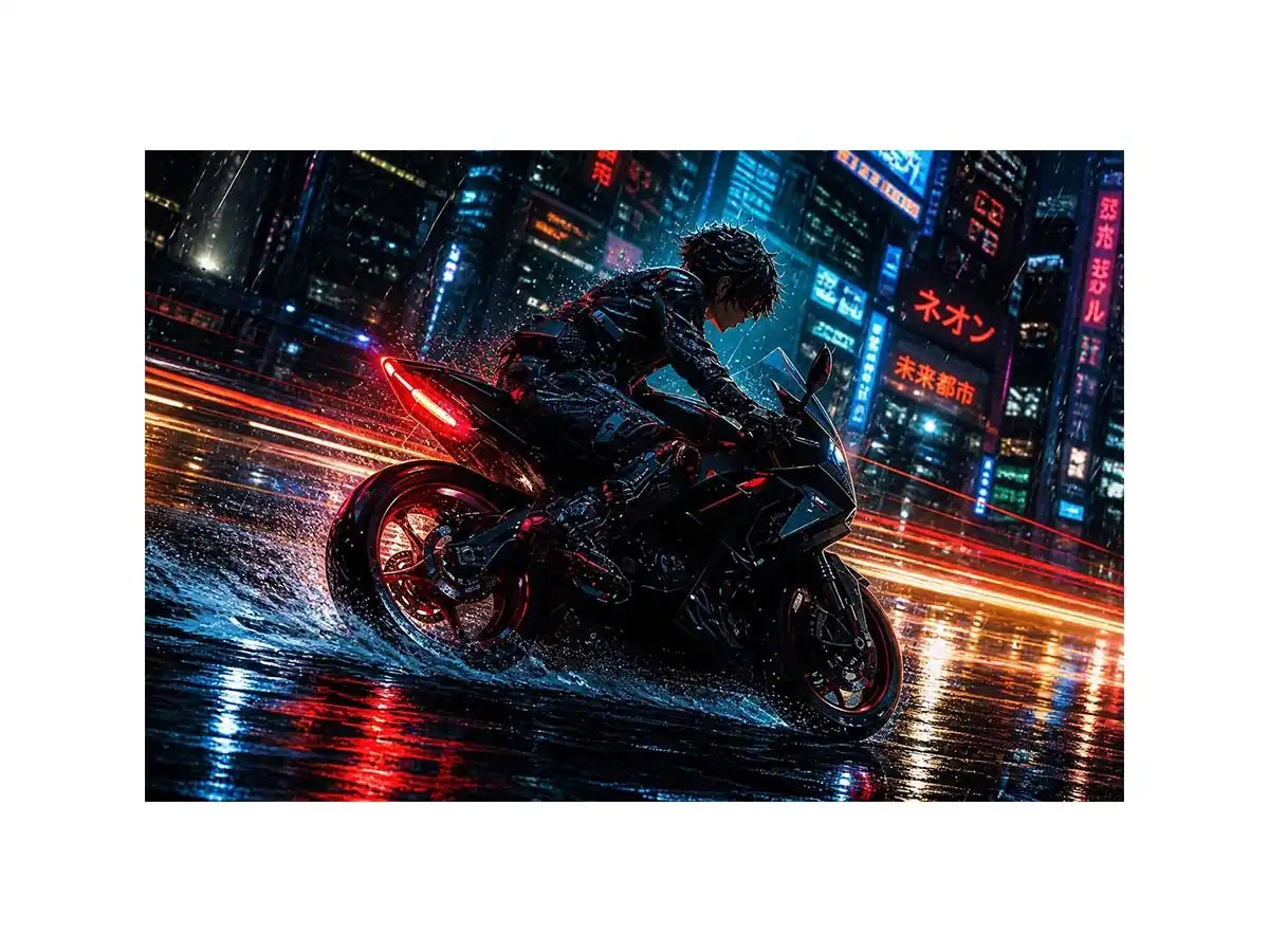 Cyberpunk rider on a futuristic motorcycle with neon city lights and rain reflections