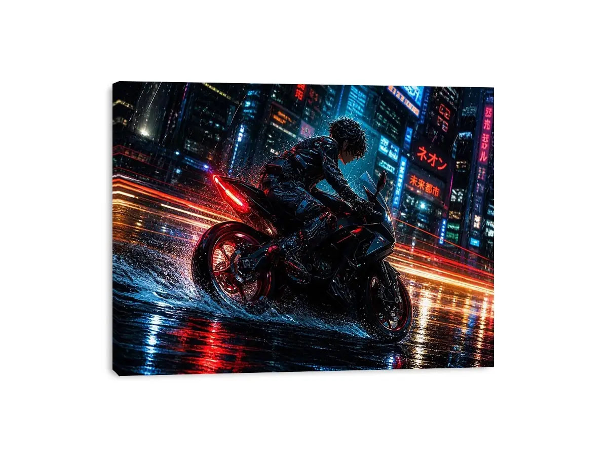 Cyberpunk rider on a futuristic motorcycle with neon city lights and rain reflections
