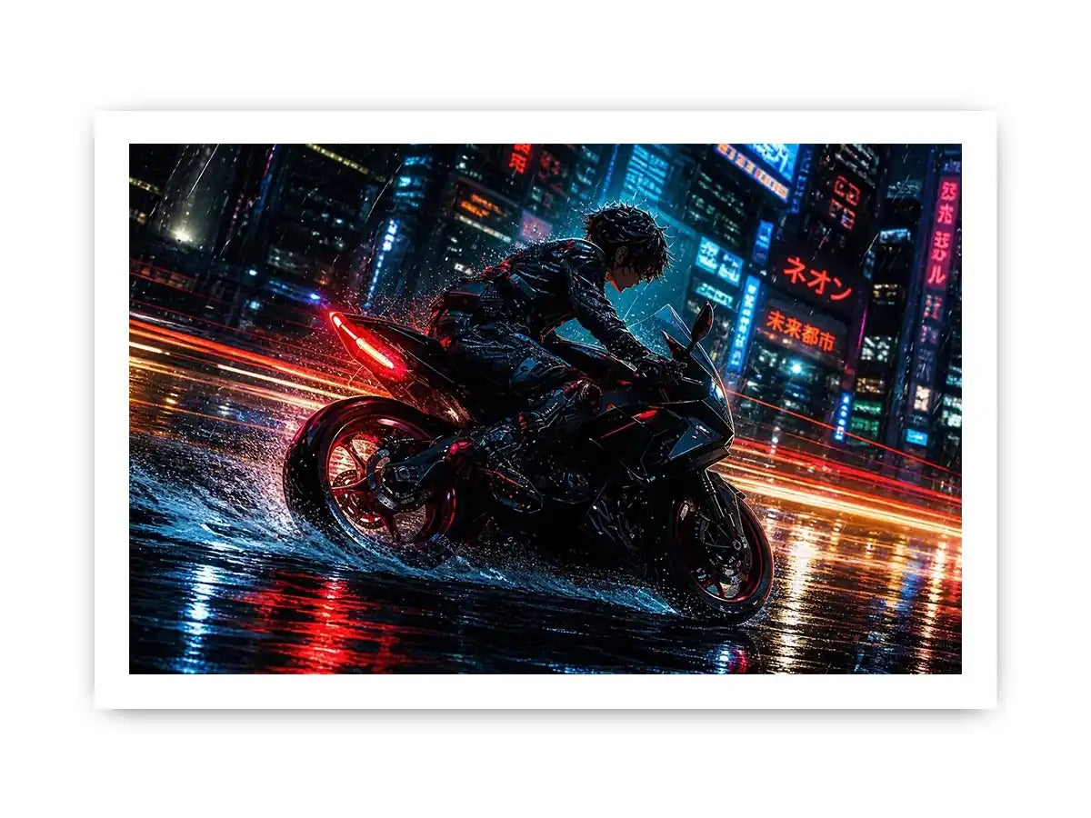 Cyberpunk rider on a futuristic motorcycle with neon city lights and rain reflections