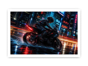 Cyberpunk rider on a futuristic motorcycle with neon city lights and rain reflections