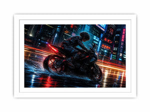 Cyberpunk rider on a futuristic motorcycle with neon city lights and rain reflections