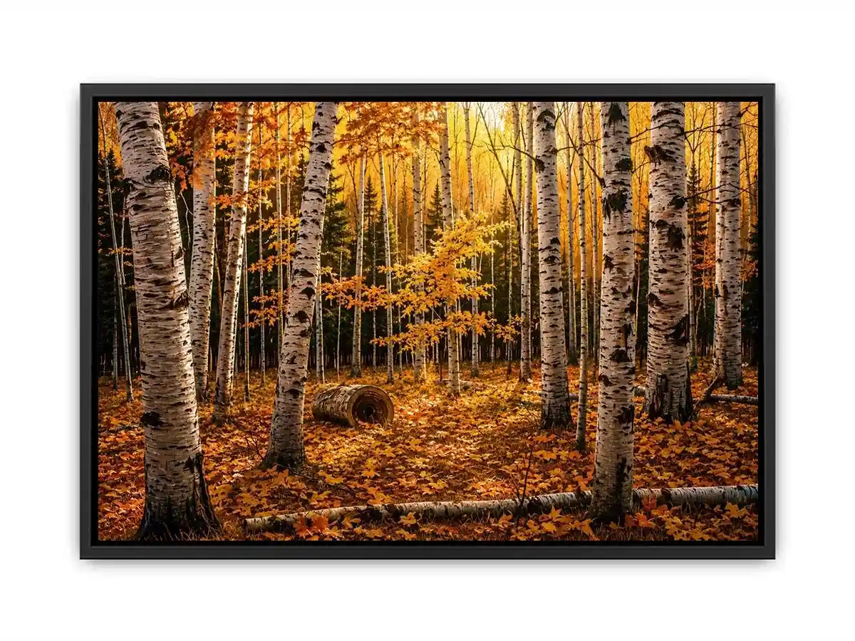 Luxury autumn birch forest wall art with golden foliage and white tree trunks in a serene woodland landscape painting style