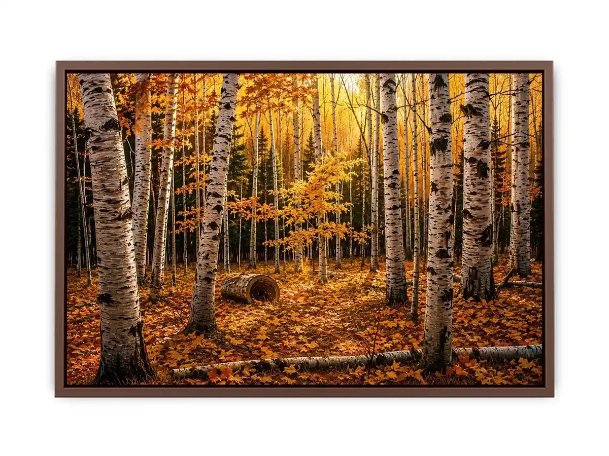Luxury autumn birch forest wall art with golden foliage and white tree trunks in a serene woodland landscape painting style