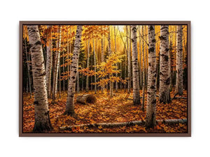 Luxury autumn birch forest wall art with golden foliage and white tree trunks in a serene woodland landscape painting style