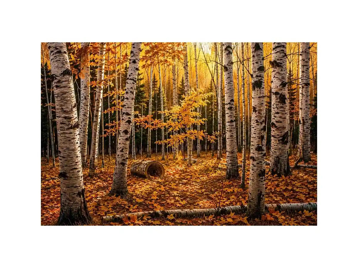 Luxury autumn birch forest wall art with golden foliage and white tree trunks in a serene woodland landscape painting style