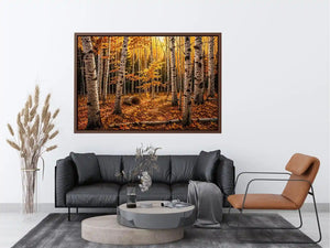 Luxury autumn birch forest wall art with golden foliage and white tree trunks in a serene woodland landscape painting style