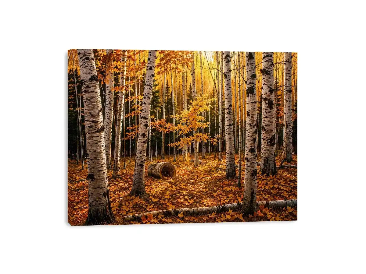Luxury autumn birch forest wall art with golden foliage and white tree trunks in a serene woodland landscape painting style