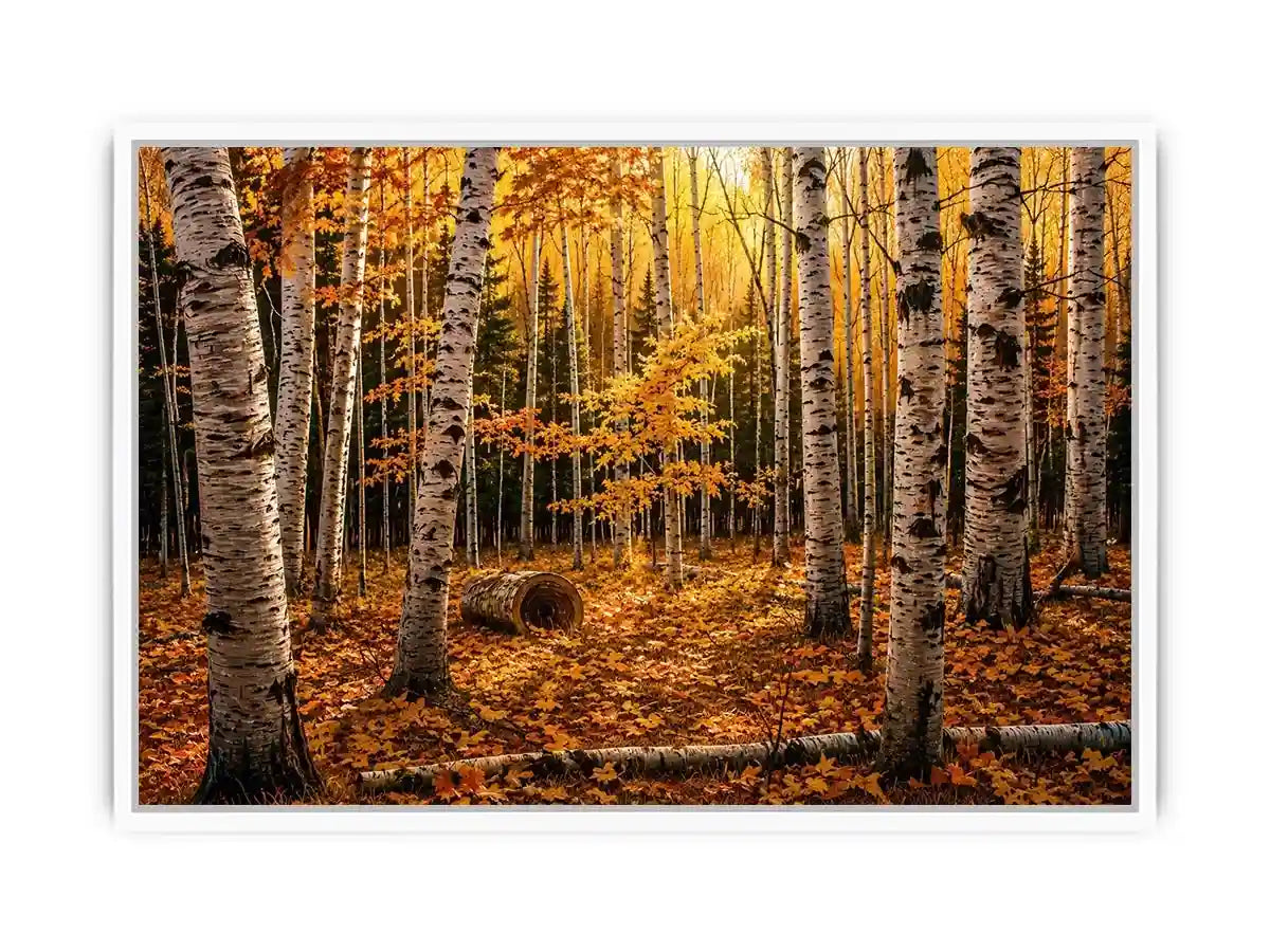Luxury autumn birch forest wall art with golden foliage and white tree trunks in a serene woodland landscape painting style