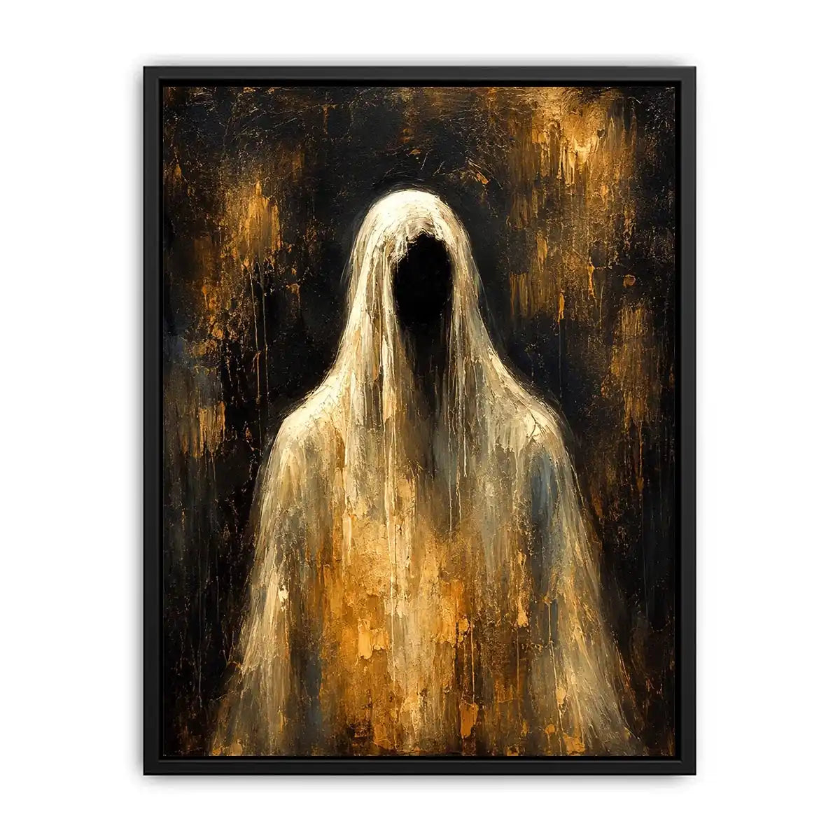 Dark abstract ghost wall art with haunting veiled figure and moody textured black background in contemporary expressionist painting style