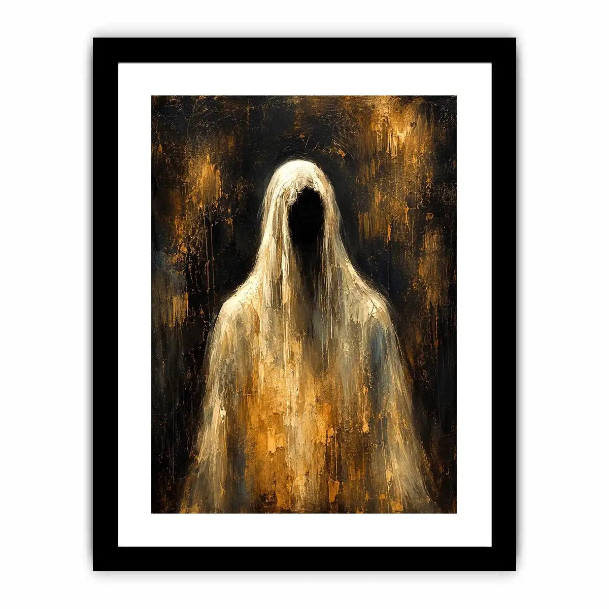 Dark abstract ghost wall art with haunting veiled figure and moody textured black background in contemporary expressionist painting style