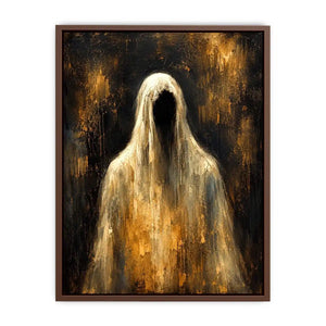 Dark abstract ghost wall art with haunting veiled figure and moody textured black background in contemporary expressionist painting style