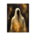 Dark abstract ghost wall art with haunting veiled figure and moody textured black background in contemporary expressionist painting style