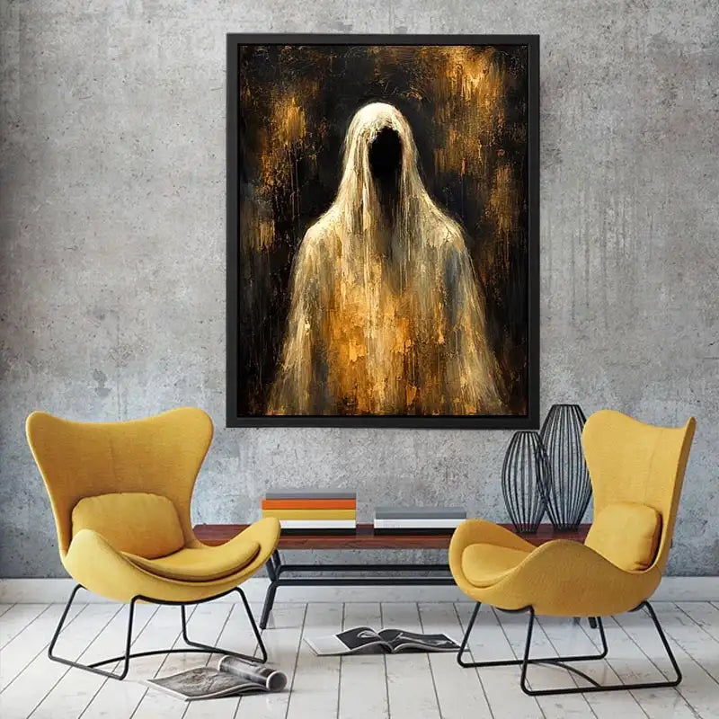 Dark abstract ghost wall art with haunting veiled figure and moody textured black background in contemporary expressionist painting style