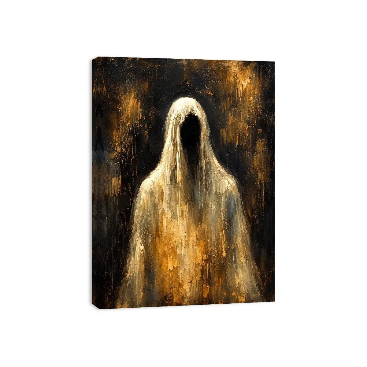 Dark abstract ghost wall art with haunting veiled figure and moody textured black background in contemporary expressionist painting style