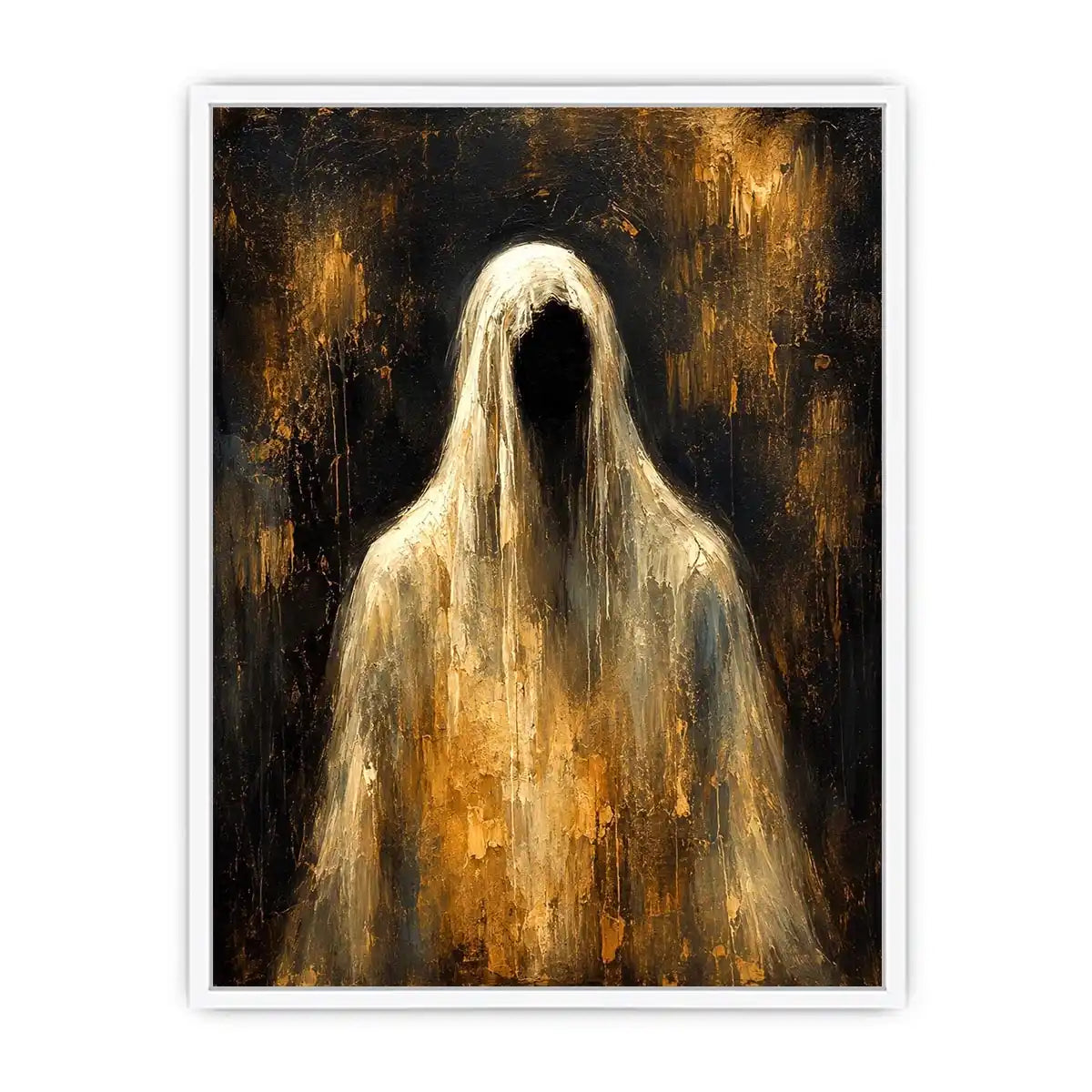 Dark abstract ghost wall art with haunting veiled figure and moody textured black background in contemporary expressionist painting style
