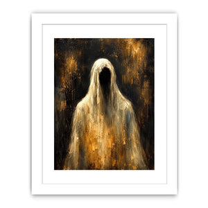 Dark abstract ghost wall art with haunting veiled figure and moody textured black background in contemporary expressionist painting style