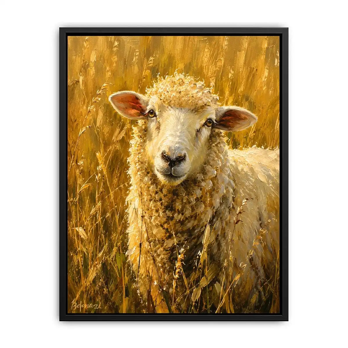Rustic sheep wall art featuring a soft white sheep in golden meadow grass with warm farmhouse painting textures and cozy countryside styling