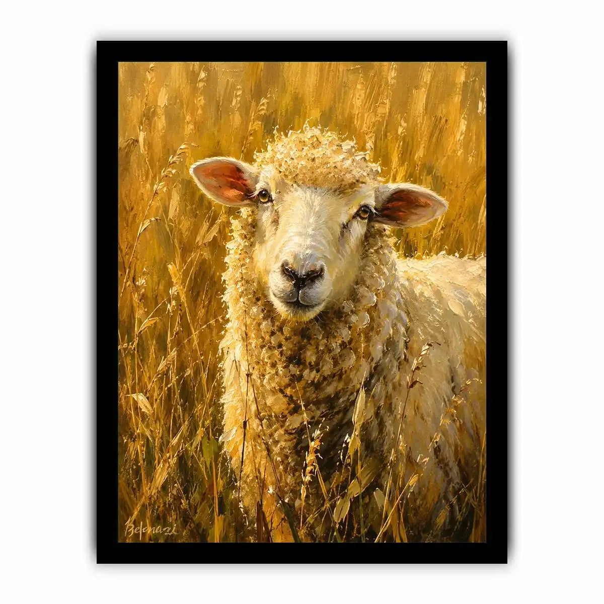 Rustic sheep wall art featuring a soft white sheep in golden meadow grass with warm farmhouse painting textures and cozy countryside styling