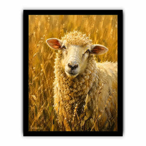 Rustic sheep wall art featuring a soft white sheep in golden meadow grass with warm farmhouse painting textures and cozy countryside styling