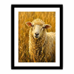 Rustic sheep wall art featuring a soft white sheep in golden meadow grass with warm farmhouse painting textures and cozy countryside styling